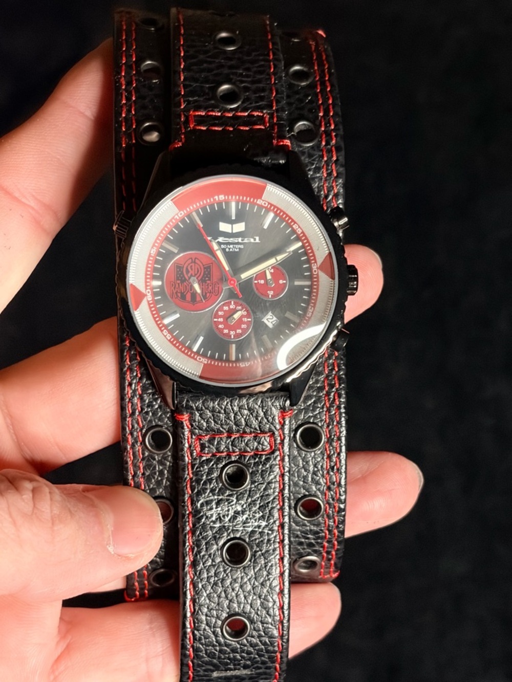 Vestal Black and Red Leather Strap Chronograph Watch Random Hero
